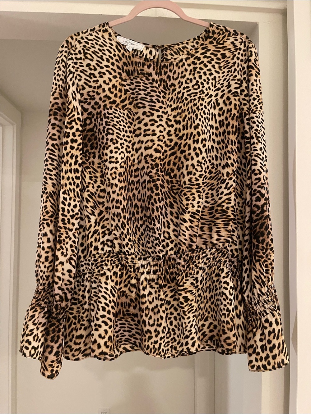 libby. edelman Leopard Print Long-Sleeve Peplum Blouse - Beige/Black